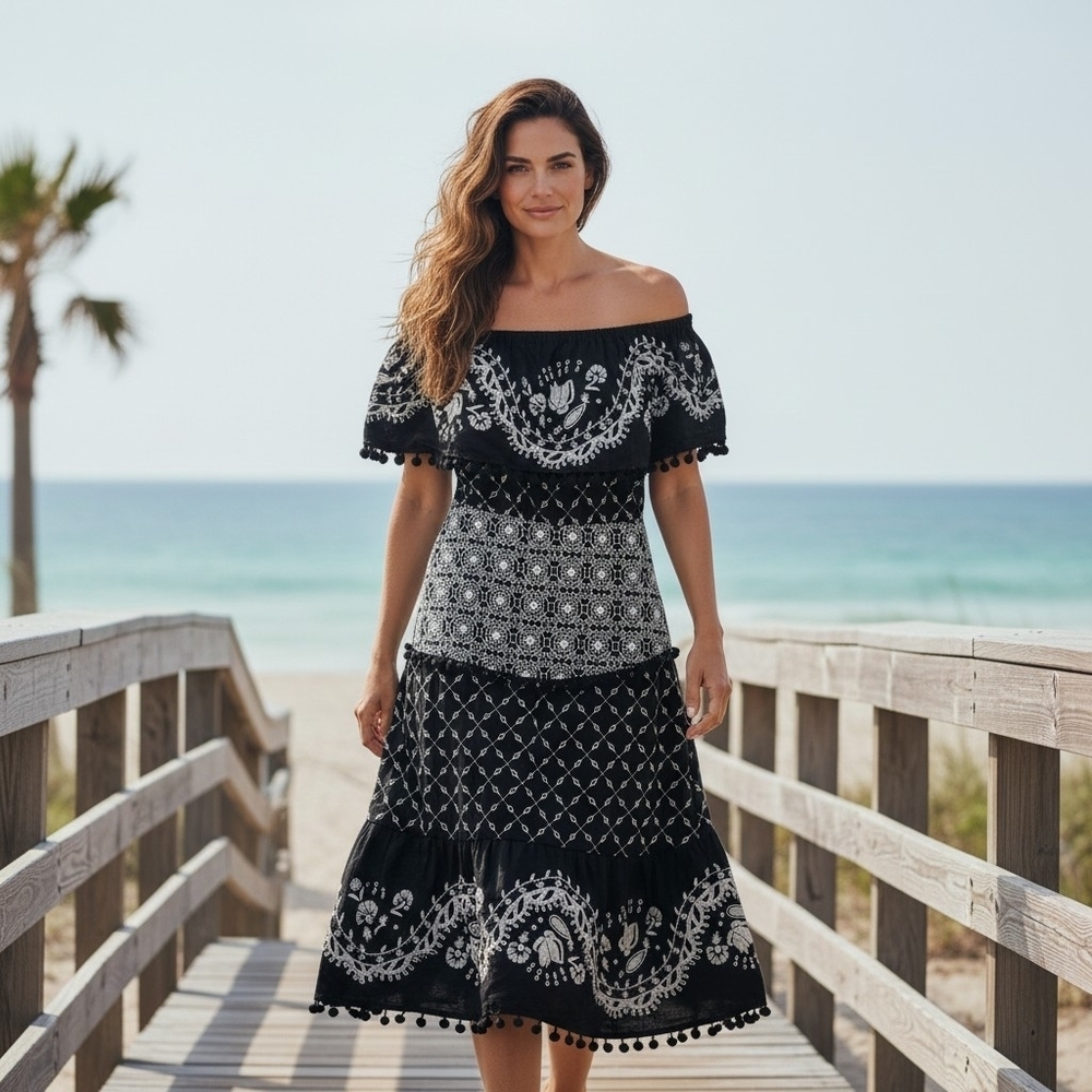 Anthropologie Mexican Style Black and White Off-Shoulder Embroidered Midi Dress